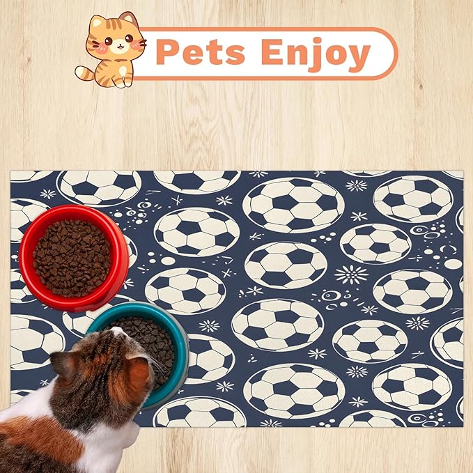 Football Dog Food Mat for Floors Absorbent, Quick Dry Water Dispenser Mat for Food, Water, Pet Supplies 17" x 30", Soccer