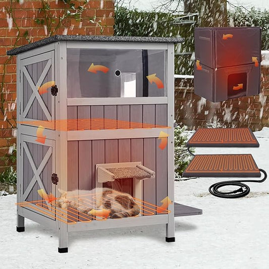 GUTINNEEN Heated Cat House for Outside, 2-Story Outdoor Cat House Insulated with Electric Heating Blanket, Waterproof Wooden Cat Shelter with Bite-Resistant Wires