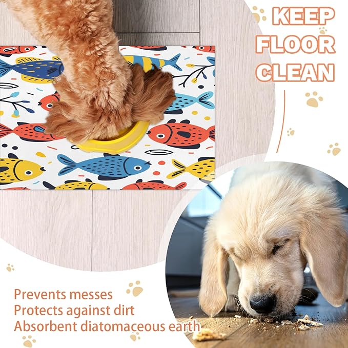 Colorful Fish Dog Food Mat for Floors Absorbent Dog Bowl Mat for Food and Water Dispenser Quick Dry Cat Food Placemat Pet Supplies 17" x 30", Ocean