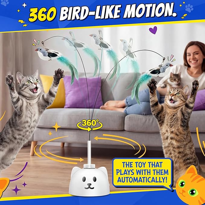 Interactive Cat Toys for Indoor Cats - Automatic Flying Bird Feather Toy, USB Rechargeable Electric Cat Teaser with Strong Sticky Base, Smart Motion Activated Self-Play Enrichment Toy for Bored Cats