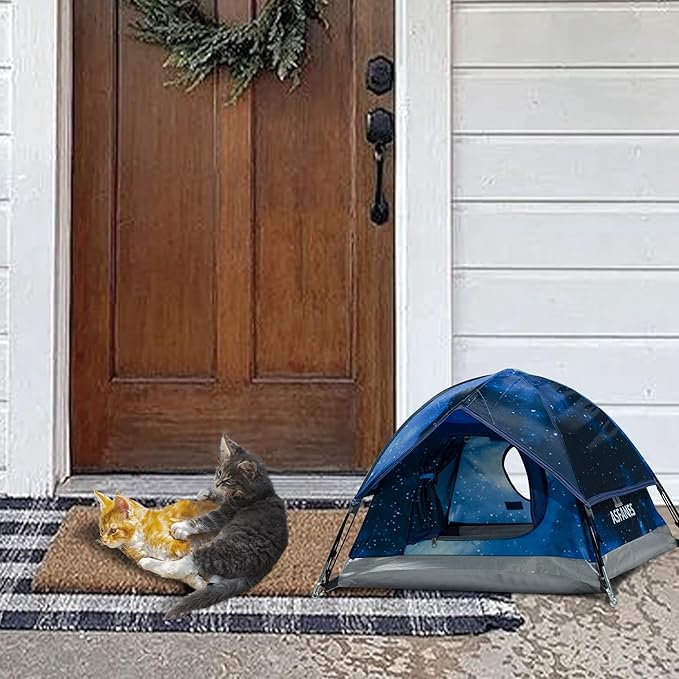 Outdoor Waterproof Pet Camping Tent, Cave Bed for Indoor Cats and Small Dogs, Portable Cat House Dog House, 21.6x21.6x14.9'', Navy Blue, S. (The Pole has Been Improved)