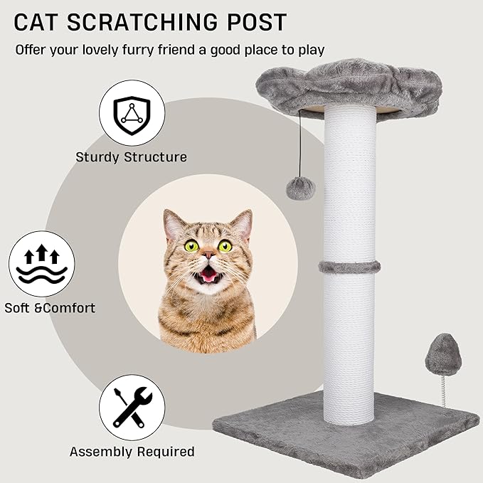 Heavy Duty Cat Scratching Post 30 Inch Cotton Rope Cats Scratcher with Flower Cat Perch & Hanging Ball for Indoor Cats Tall Cat Post(Grey)