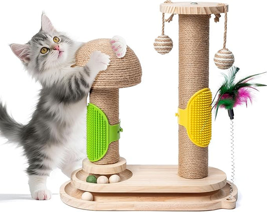 Cat Scratching Post Interactive - 5-in-1 Kitten Scratch Post Self Play Toy, Vertical Scratcher and Self Groomer for Indoor Cats, Small Pet Tree Climbing Tower with Dangling Plush Track Ball