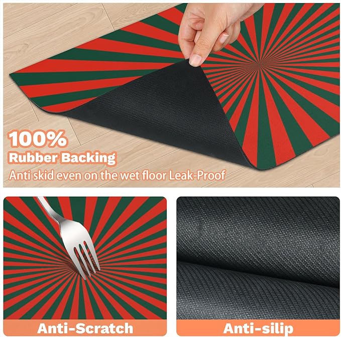 Striped Dog Food Mat for Floors Absorbent, Quick Dry Water Dispenser Mat for Food, Water, Pet Supplies 16" x 24", Red Green