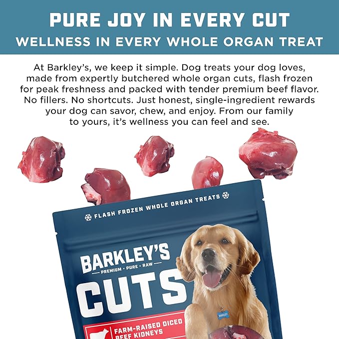 Barkley’s Cuts, Frozen Raw Sliced Beef Kidney Dog Treats, Single Ingredient, Flash Frozen, High Protein Training Treats and Food Toppers for Puppies and Dogs, Human Grade Ingredients, 16 Oz Bag