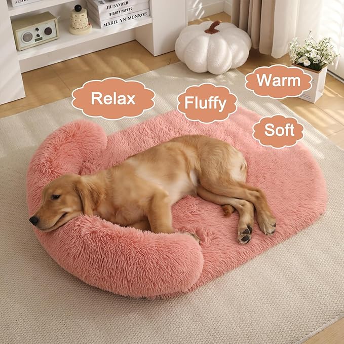 Calming Dog Beds for Medium Large Dogs, Orthopedic Cushion Plush Large Pet Bed Lounge with Washable Cover, Anti-Anxiety Soft Fluffy Faux Fur Fits up to 60 lbs Pets (Oval, Blush 40"x30")