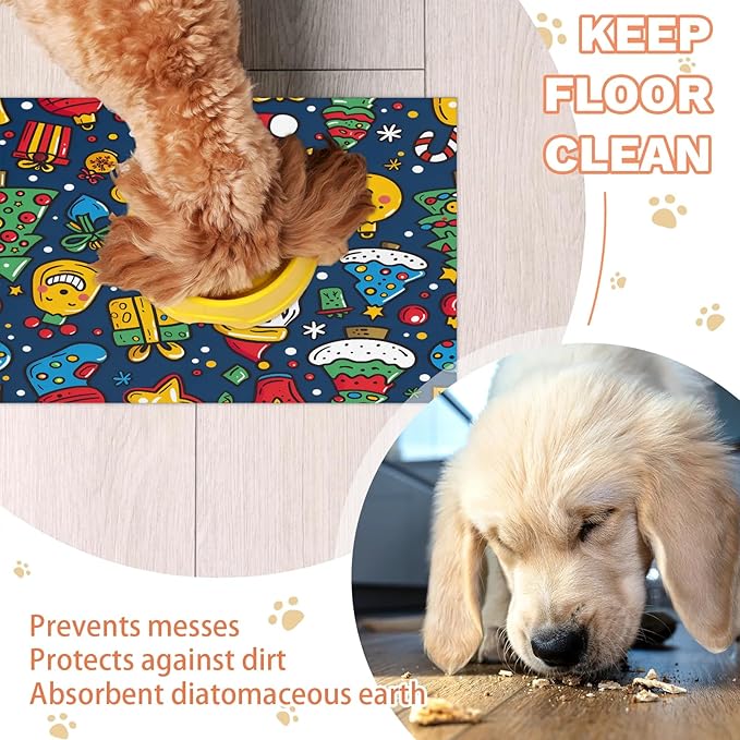 Cute Christmas Dog Food Mat for Floors Absorbent, Quick Dry Water Dispenser Mat for Food, Water, Pet Supplies 17" x 30", Tree Santa Claus