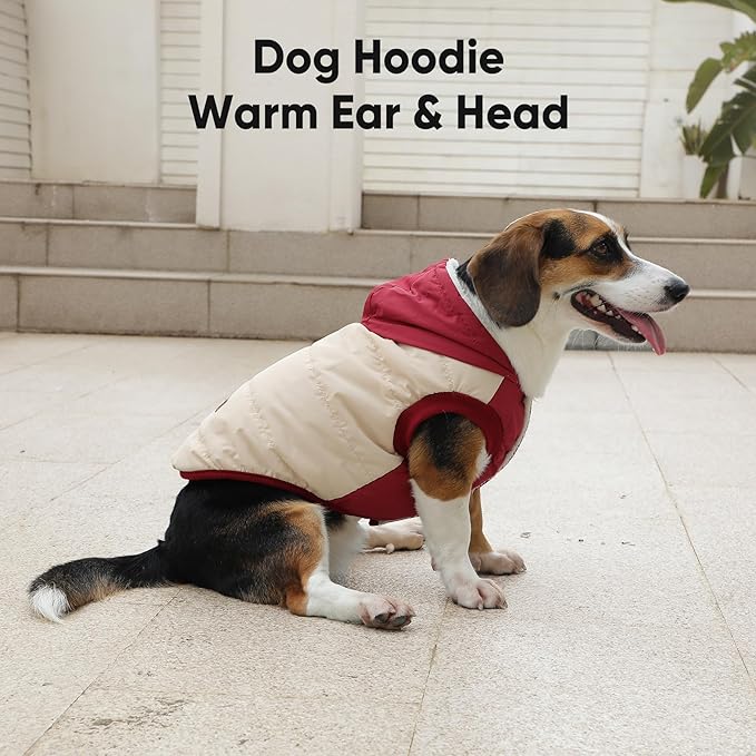 Fleece Lining Extra Warm Dog Hoodie in Winter,Small Dog Jacket Puppy Coats with Hooded,Beige and Red S