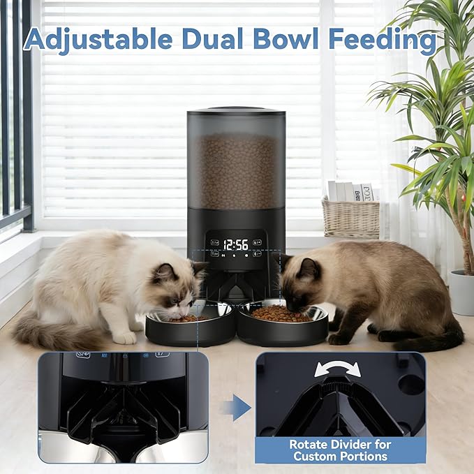 DUMOS Automatic Cat Feeder for 2 Cats, 6L Timed Cat Food Dispenser with 2 Stainless Bowls, 10s Voice Recorder, Dual Power Supply, 6 Meals 50 Portions Per Day, Dual Pet Feeder for Cat and Dog, Black