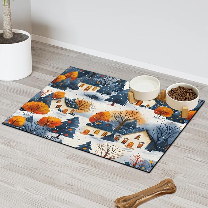 Village Hills Dog Food Mat for Floors Absorbent, Quick Dry Water Dispenser Mat for Food, Water, Pet Supplies 12" x 20", Fall Tree