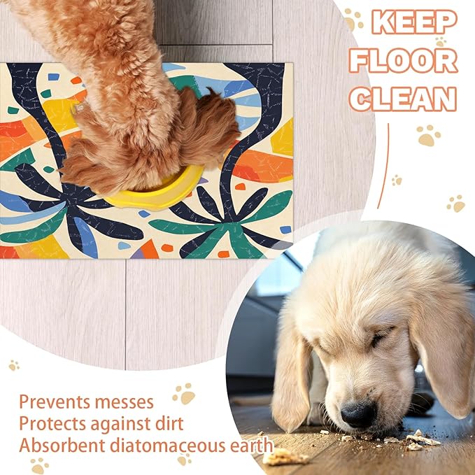 Palm Tree Dog Food Mat for Floors Absorbent, Quick Dry Water Dispenser Mat for Food, Water, Pet Supplies 12" x 20", Mid Century