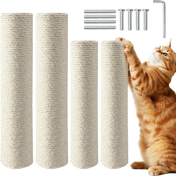 4 Pack Cat Scratching Post Replacement, 15.7 x 3.1 Inch Sisal Poles with M8 Screws, Refill Parts for Indoor Cat Towers and Furniture Repair-White