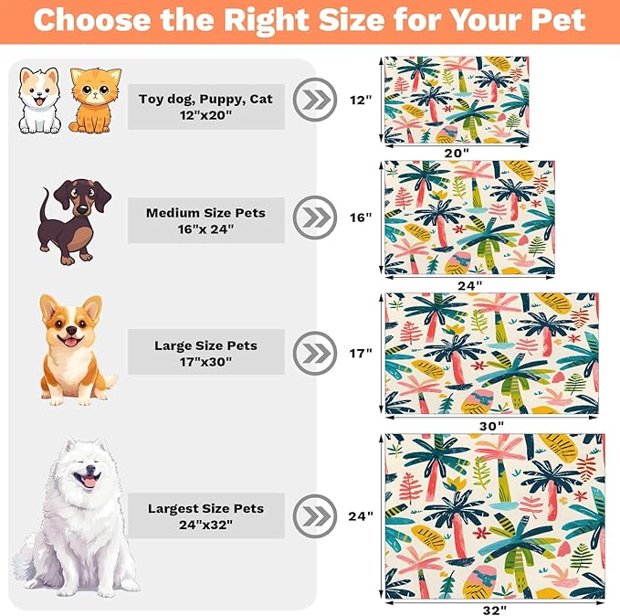 Palm Tree Dog Food Mat for Floors Absorbent, Quick Dry Water Dispenser Mat for Food, Water, Pet Supplies 24" x 32", Tropical Leaf