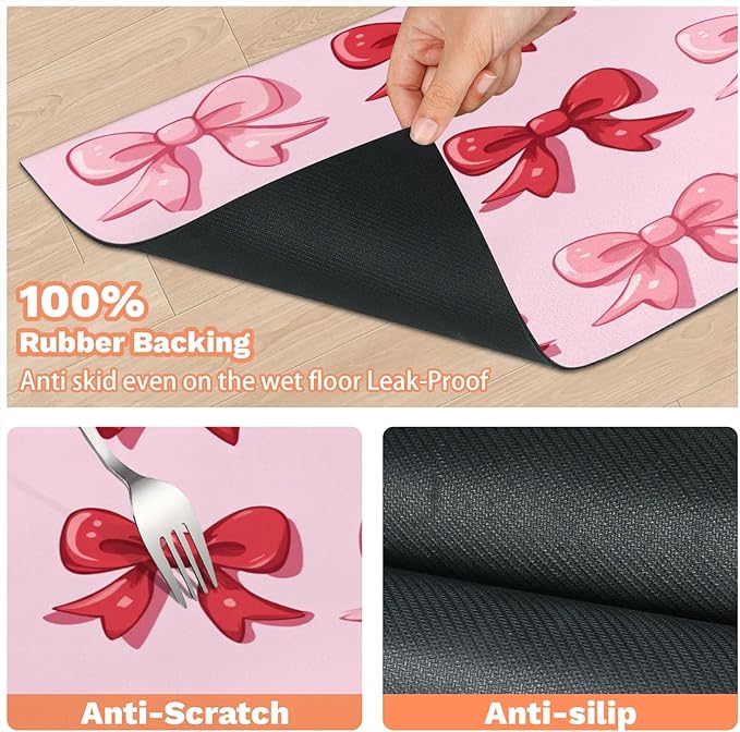 Pink Bow Dog Food Mat for Floors Absorbent, Quick Dry Water Dispenser Mat for Food, Water, Pet Supplies 17" x 30", Red Bowknot