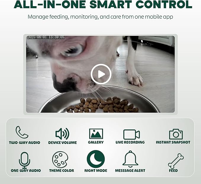 6L Automatic Cat Feeder with Camera – WiFi Smart Pet Feeder for Cats & Dogs, HD Video with Night Vision, App Control, 2-Way Audio, Portion Scheduling – White