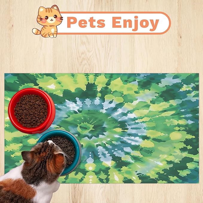 Tie Dye Dog Food Mat for Floors Absorbent, Quick Dry Water Dispenser Mat for Food, Water, Pet Supplies 16" x 24", Green Abstract
