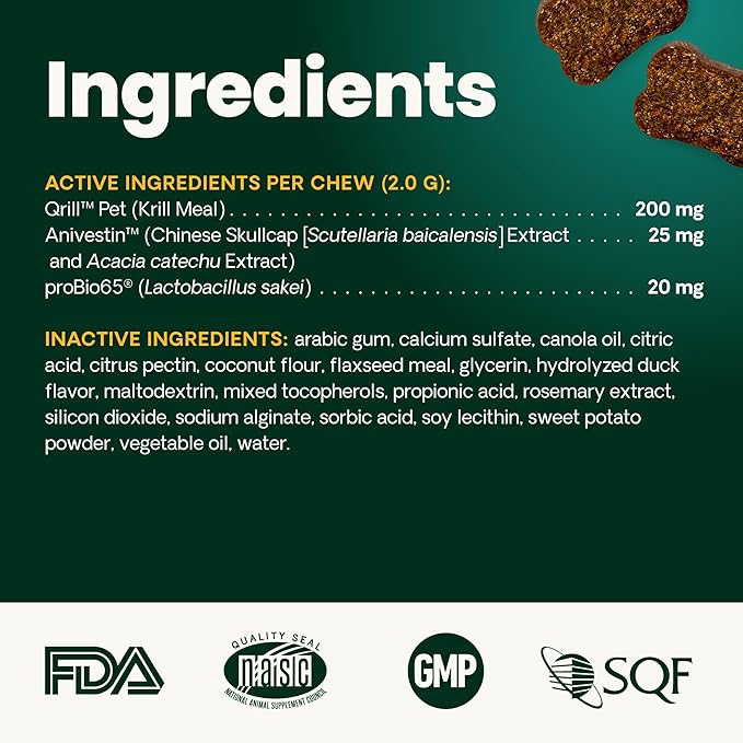 VetriScience Allergy & Itch Support Chews, Allergy Plus Skin Supplement for Dogs, Allergy Chews for Itching, Scratching, and Licking, Support Skin and Immune Health, Duck, 75 Count