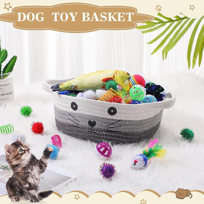 Zopeal 58 Pcs Easter Cat Storage Basket Gift Toys Set, Colorful Flashing Balls Pet Bell Crinkle Balls Spring Toys Attract Cat to Swat, Hunt, Interactive for Pet(Multicolor,9.8 Inch)