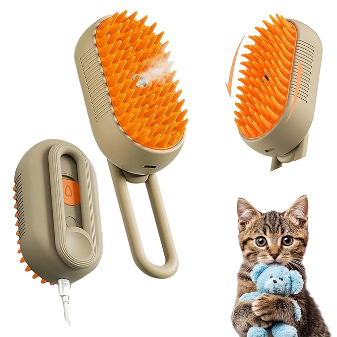 4-in-1 Cat Steam Brush | Rechargeable & Anti-Static | Massage & Cleaning | Shedding & Combing in One!