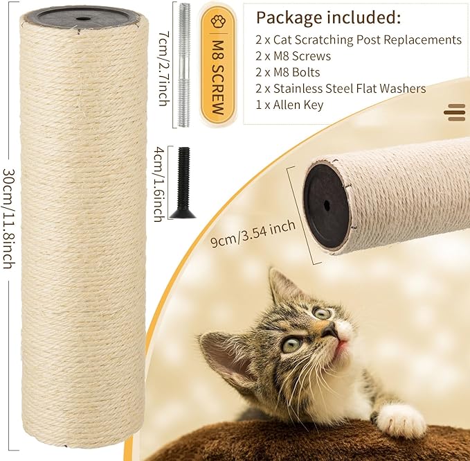 2 Root Cat Scratching Post Replacement 11.81x3.54 Cat Tree Scratch Post Replacement Natural Sisal Pole Cat Scratch Post Refill Pole Part with M8 Screws for Kitten Tree Tower Cat Furniture Accessories
