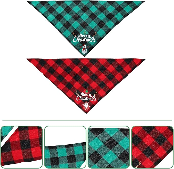 2pcs Plaid Dog Christmas Scarves Triangle Bibs Cotton Pet Bandanas Festive Xmas Supplies for Small and Medium Dogs