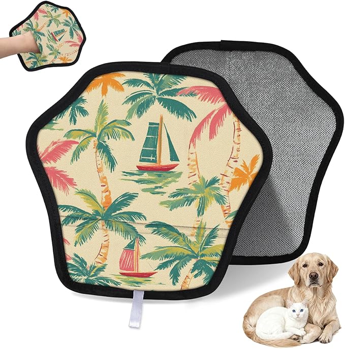 Reusable Pet Hair Removal Glove Coconut Tree Boat Magic Brush for Cat & Dog Hair Remover for Car, Sofa, Bedding, Clothes - 9x9 Mitt Washable