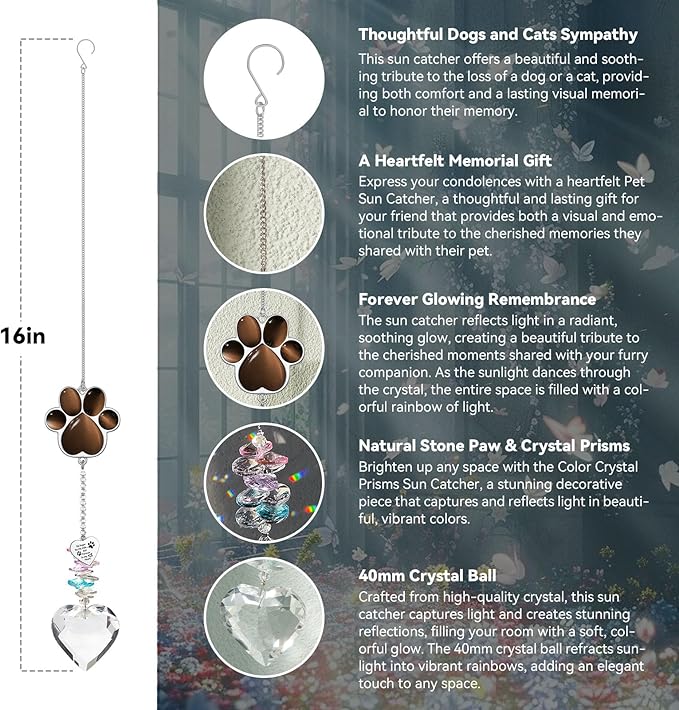 Pet Memorial Suncatcher - Dog Memorial Gifts, Pet Loss Sympathy, Thoughtful Dogs and Cats Condolence Bereavement Remembrance Gifts, Chrysoberyl Cat's Eye Stone Paw Crystal Suncatcher