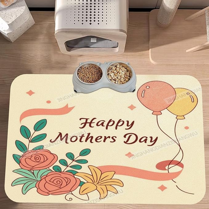 Dog Food Mat Happy Mother's Day Floral Gift for Mom Fe Absorbent Water Bowl Mats Cat Pet Feeding Placemats 24x16In