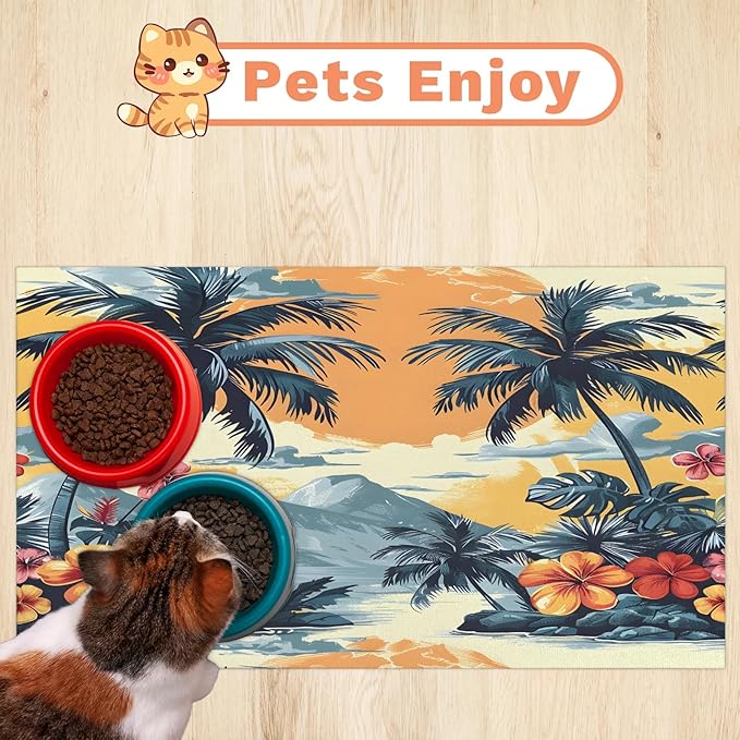 Palm Tree Dog Food Mat for Floors Absorbent, Quick Dry Water Dispenser Mat for Food, Water, Pet Supplies 24" x 32", Tropical Flower