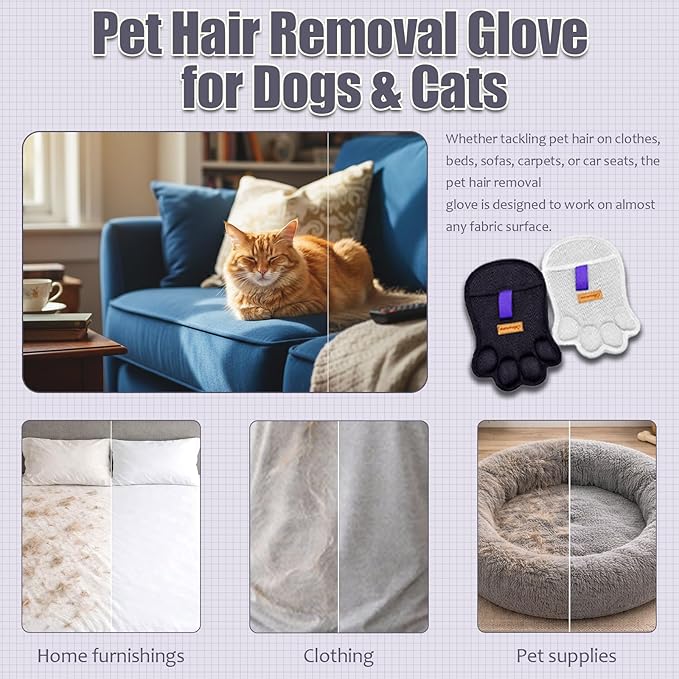 2PCS Paw Shape Pet Hair Removal Glove for Dogs & Cats, Reusable Electrostatic Lint Remover Brush for Couch, Carpet, Clothing, Bed, Car Seat, Upgraded Design（Gray）