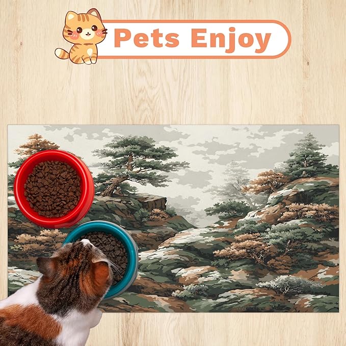Trees Forest Dog Food Mat for Floors Absorbent, Quick Dry Water Dispenser Mat for Food, Water, Pet Supplies 16" x 24",