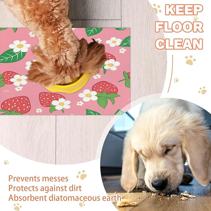 Strawberry Fruit Dog Food Mat for Floors Absorbent Dog Bowl Mat for Food and Water Dispenser Quick Dry Cat Food Placemat Pet Supplies 12" x 20", Cute Floral