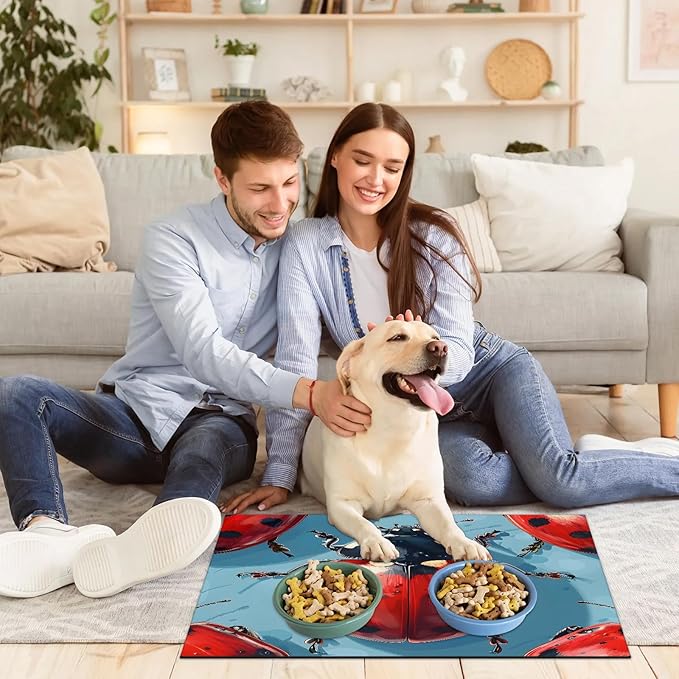 Ladybird Dog Food Mat for Floors Absorbent, Quick Dry Water Dispenser Mat for Food, Water, Pet Supplies 17" x 30", Black Red Ladybird