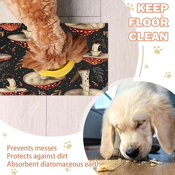 Red Mushroom Dog Food Mat for Floors Absorbent Dog Bowl Mat for Food and Water Dispenser Quick Dry Cat Food Placemat Pet Supplies 17" x 30", Leaves