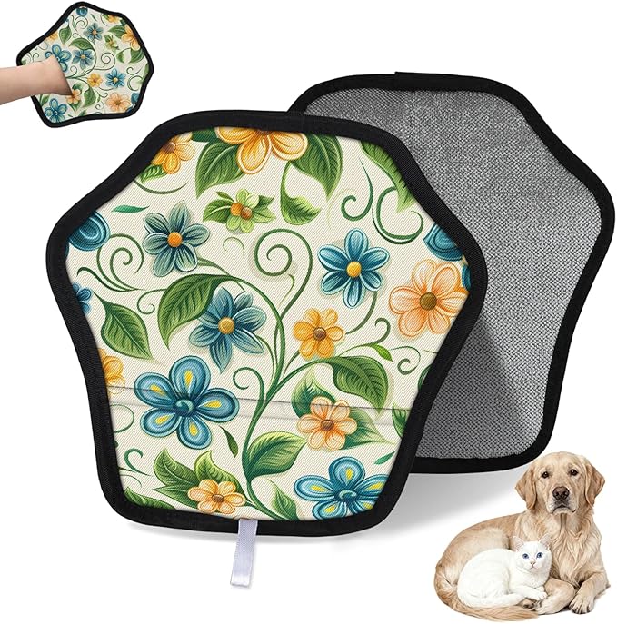 Reusable Pet Hair Removal Glove Cute Flower Leaf Magic Brush for Cat & Dog Hair Remover for Car, Sofa, Bedding, Clothes - 9x9 Mitt Washable