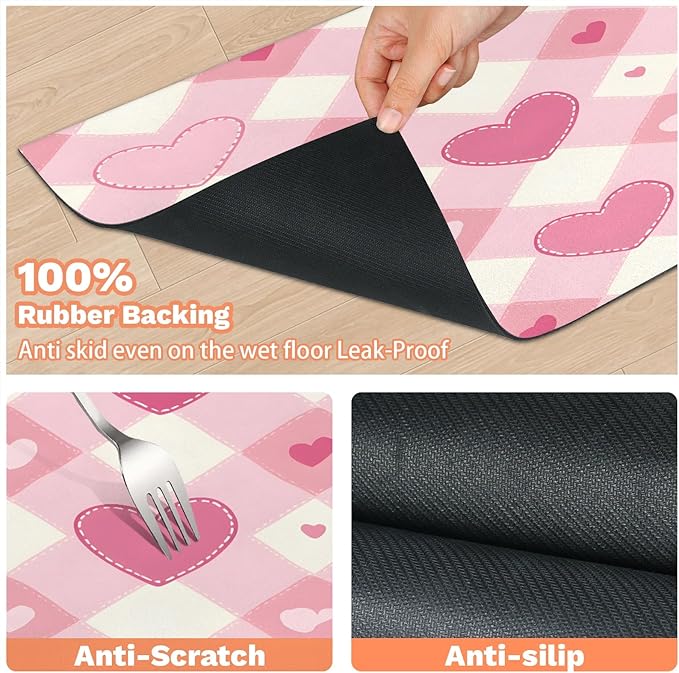 Love Heart Dog Food Mat for Floors Absorbent, Quick Dry Water Dispenser Mat for Food, Water, Pet Supplies 16" x 24", Pink Buffalo Plaid