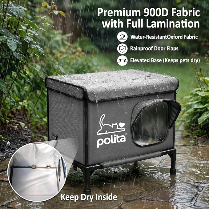 Polita Indestructible Heated Cat House for Outdoor Cats All Seasons, Extremely Insulated & 100% Weatherproof, Elevated Feral Cat Shelter with Waterproof Eaves &Safe Escape Door for Stray & Barn Cats