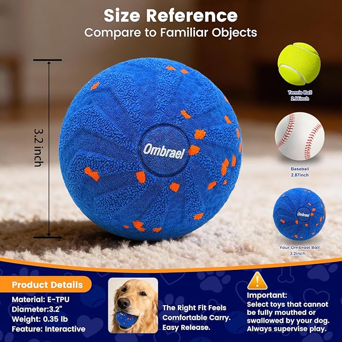 Ombrael Smart Interactive Dog Ball, Automatic Moving Bouncing Spinning Ball, Chew-Resistant & Washable E-TPU Rubber Toy for Medium Large Dogs