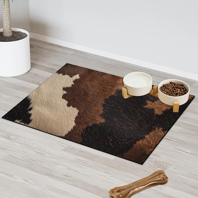 Cow Print Dog Food Mat for Floors Absorbent Dog Bowl Mat for Food and Water Dispenser Quick Dry Cat Food Placemat Pet Supplies 12" x 20", Farm Skin