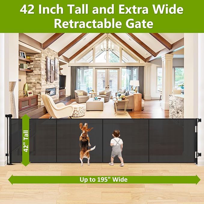 Reinforced 42" Tall x 195" Extra Long Baby Gates for Large Openings, Tall Retractable Baby Gates Extra Wide Dog Gate with Support Rods - Prevent Crawling Under, Indoor/Outdoor Retractable Fence, Black