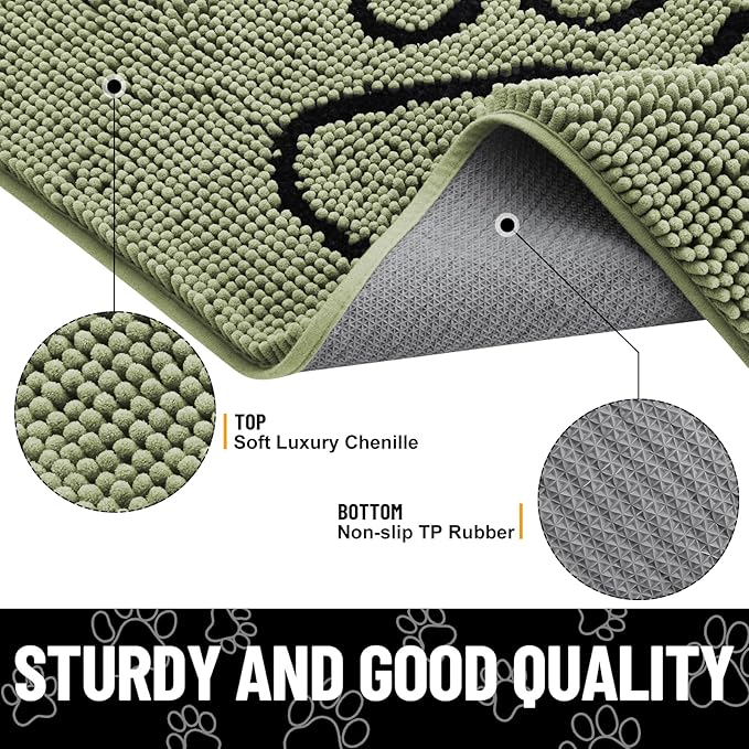 Smiry Dog Door Mat for Muddy Paws, Absorbent Dirt Trapper Non Slip Quick Dry Washable Chenille Mat for Mud Dogs, Entry Rug for Indoor and Outdoor (30x20 Inches, Sage Green and Black)