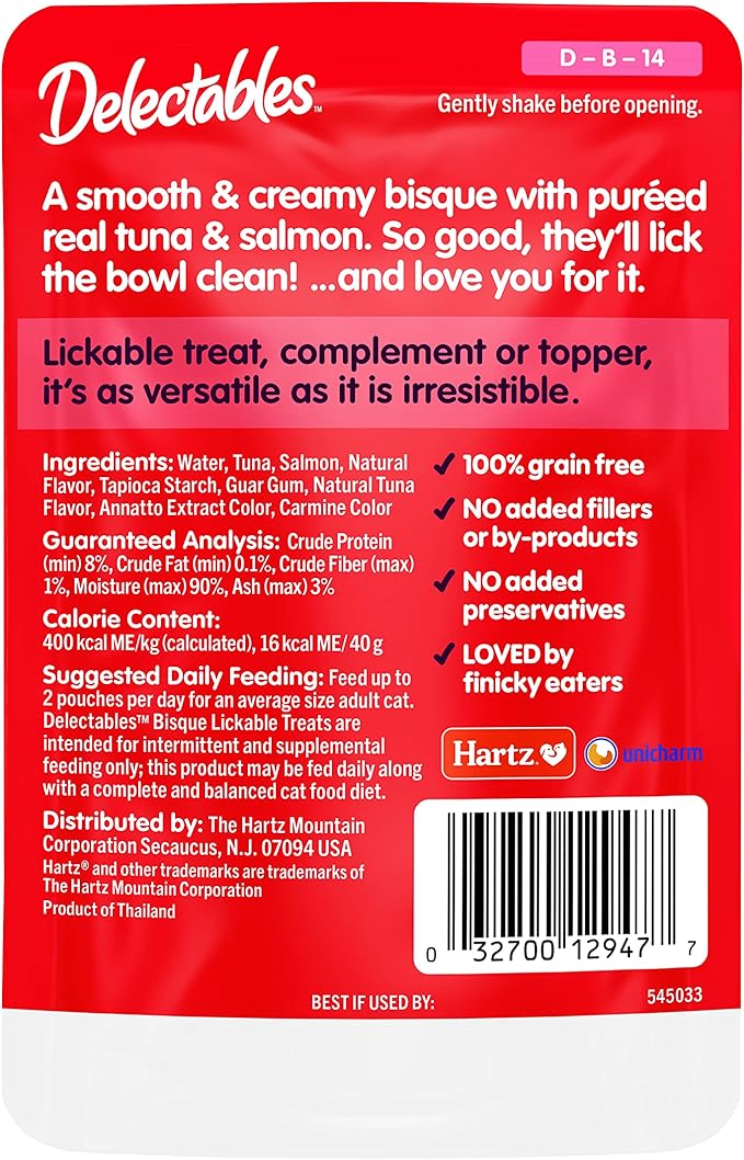 Hartz Delectables Lickable Treat Bisque Wet Cat Treat with Real Tuna & Salmon,Food Topper,Hydrating,Grain-Free,No Fillers,No by-Products,No-Added Preservatives,1.4oz Pouch,(Pack of 24)