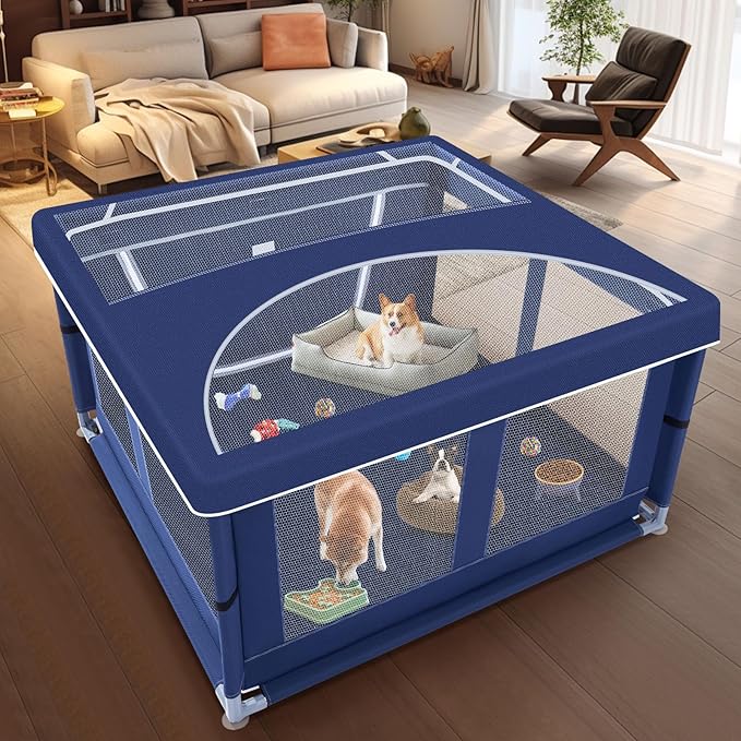 42x42 Inch Puppy Playpen with Cover, Dog Playpen for Puppies or Small Dogs, Pet Fence for Indoor & Outdoor, Sturdy Safety DogPen with Thickened Fabric, High-Strength Nylon Wire Mesh, Blue