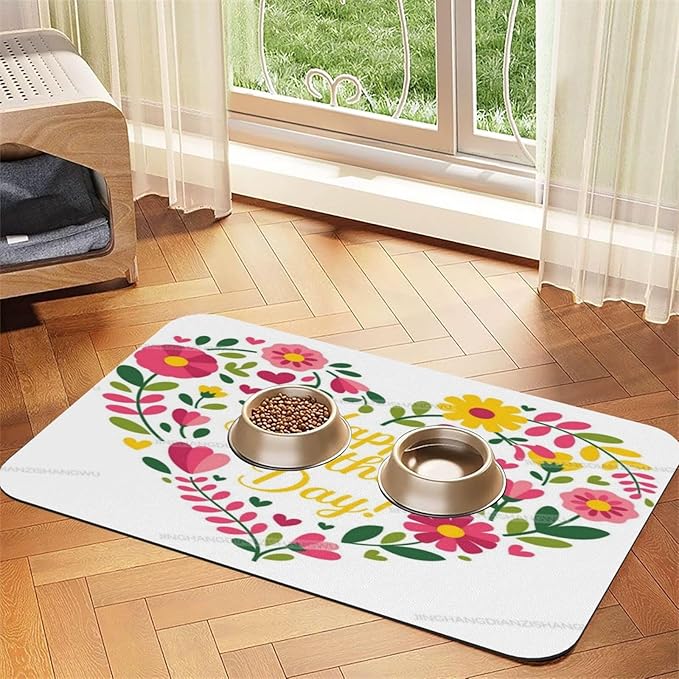 Pet Feeding Mat for Dogs Cats Happy Mother's Day Floral Gift for Mom Ki Absorbent Dog Food Mat Non-Slip Waterproof Placemat Quick Dry Pet Supplies Bowl Mats