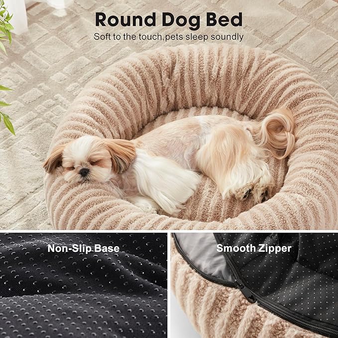 MIXJOY Dog Beds Large Sized Dogs, Washable Dogs Bed with Removable Cover, Cozy Donut Dog Ded Fluffy Plush Faux Fur Pet Bed with Anti-Slip Bottom, 36"x36"x10", Beige