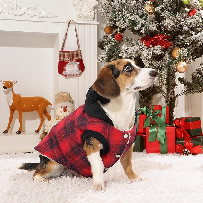 Fleece Lining Dog Hoodie for Small Dogs Extra Warm Plaid Sweater with Drawstring Hooded Coats in Winter Puppy Jacket,Red M