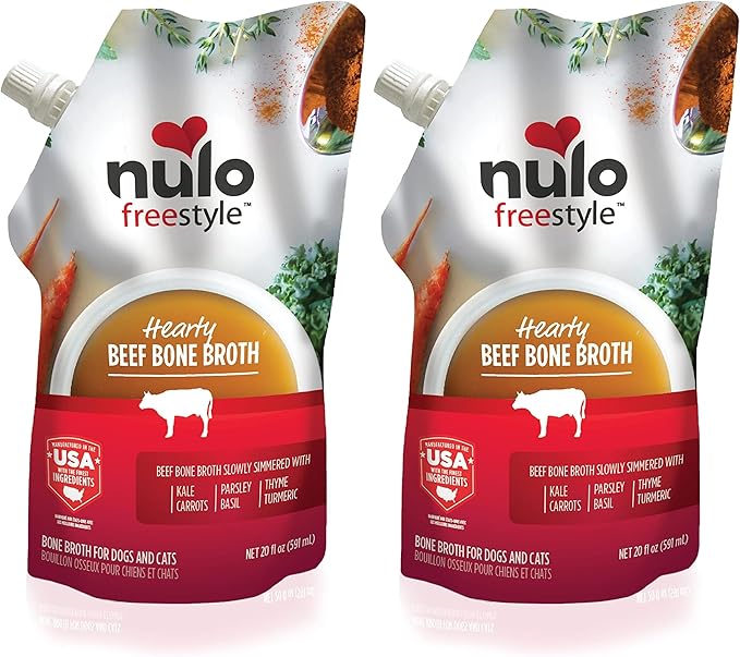 Nulo Freestyle Bone Broth, Premium Food Topper for Cats and Dogs, with Collagen and Chondroitin Sulfate to Help Boost The Quality of Your Pet’s Coat and Skin, 20 FL Oz Pouch (Pack of 2)