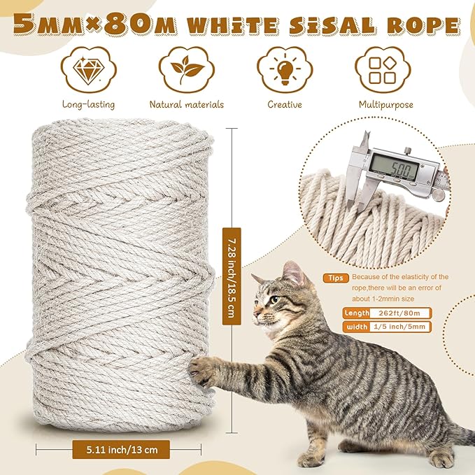 262 ft/80 m White Sisal Rope for Cat Scratcher, 1/5 inch/ 5 mm Thick Twine for Cat Scratching Post Cat Tree Replacements DIY Craft Projects, Jute Hemp Rope with 4 Random Colors Cat Toys