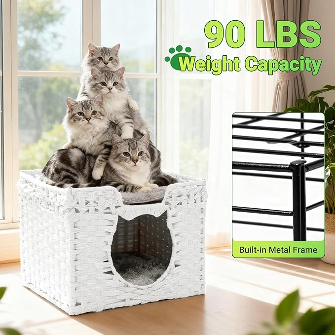 Handwoven Rattan Cat Cave w/Two Cushions, Cat Beds Indoor Kitten House, Waterproof & Foldable Pet Cube Bed, White, 16.5”L x 16.5”W x 12.6”H