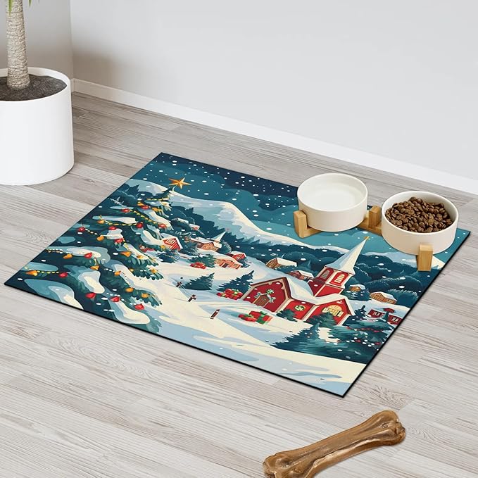 Christmas Xmas Dog Food Mat for Floors Absorbent, Quick Dry Water Dispenser Mat for Food, Water, Pet Supplies 24" x 32", Winter Village
